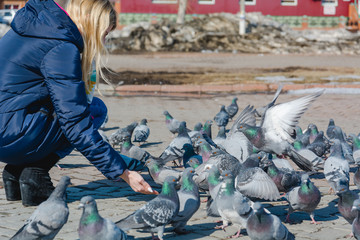 The girl feeds pigeons.