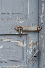 Old wooden door with clip hanging on latch . Set of backgrounds