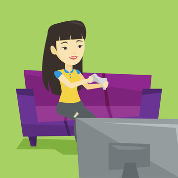 Woman playing video game vector illustration.