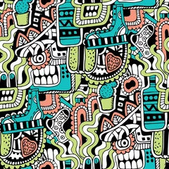 Behang Monsters Graffiti naadloze textuur met sociale media borden en andere glanzende pictogrammen. Vectorillustratie met schoen, tv, fles, eten, monstershoofd, bladeren