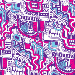 Graffiti seamless texture with social media signs and other shiny icons. Vector illustration with shoe, tv, bottle, food, monsters head, leaves and food