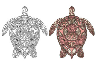 Stylized underwater turtle (tortoise), isolated on white background. Freehand sketch for adult anti stress coloring book page with doodle and zentangle elements.