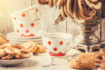Samovar and tea with bagels. Selective focus. 