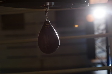Punching bag in the background of the boxing ring.