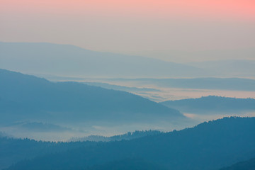 Foggy landscape in Bieszczady Mountains, Poland, Europe