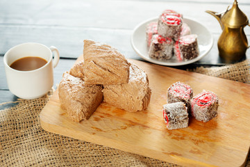 traditional eastern desserts on wooden background