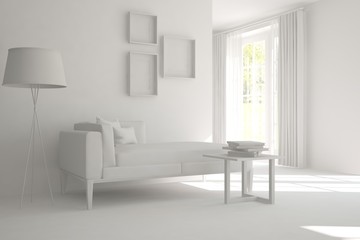 White modern room with sofa. Scandinavian interior design. 3D illustration