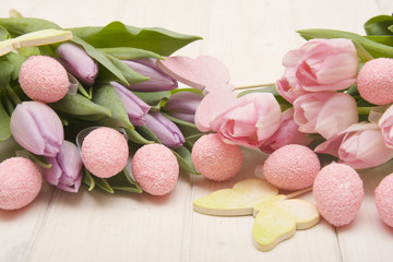 Decoration from Easter eggs and beautiful flowers