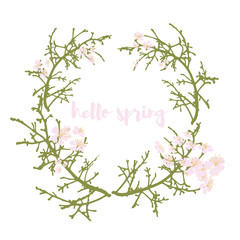 Vector floral background with green bare tree branches  and pink stylized apple or cherry tree flowers wreath.