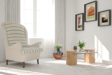 White room with armchair. Scandinavian interior design. 3D illustration