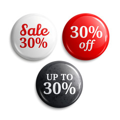 30 percent discount on glossy buttons or badges. Product promotions. Vector.