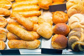 Various Buns In A Bakery's Display