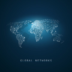 Cloud Computing and Networks Concept with World Map - Abstract Global Digital Network Connections, Technology Background, Creative Design Element Template with Wire Mesh