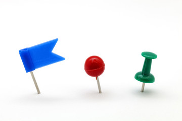 Set of colorful color push pins  isolated on white background.