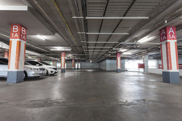 Parking garage interior, industrial building.