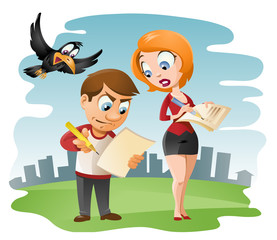 Man and woman fills in the form (such as  questionnaire, tax form etc). Cartoon styled vector illustration.  Elements is grouped and divided into layers. No transparent objects.
