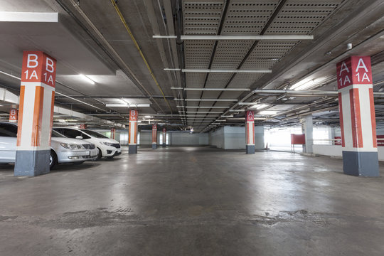 Parking garage interior, industrial building.