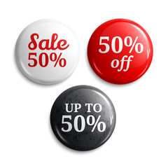 50 percent discount on glossy buttons or badges. Product promotions. Vector.