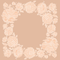 Folk-style floral decorative border pattern inspired by Ukraine traditional embroidery. Two-color abstract flowers surface design for card, print, poster, wedding invitation, lace decor.