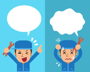 Cartoon a technician expressing different emotions with speech bubbles