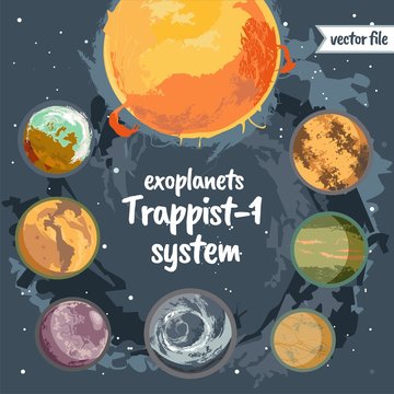 Planets and exoplanets Trappist 1 system colorful vector illustration