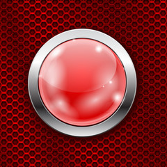 Red round glass button with metal frame on red perforated background