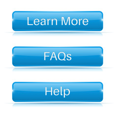 FAQs, Learn More, Help buttons. Blue 3d icons