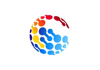 global stylized technology connection logo icon, red blue abstract sphere globe tech connecting elements symbol sign, modern tech business connect letter G shape ideas concept vector design template