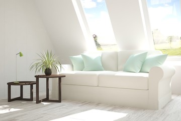 White room with sofa and green landscape in window. Scandinavian interior design. 3D illustration