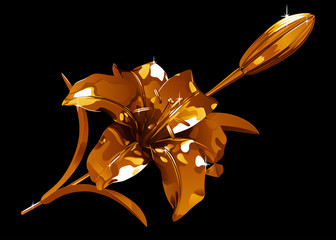 Золотой цветок лилии с бутоном на темном фоне, с подсветкой и бликами