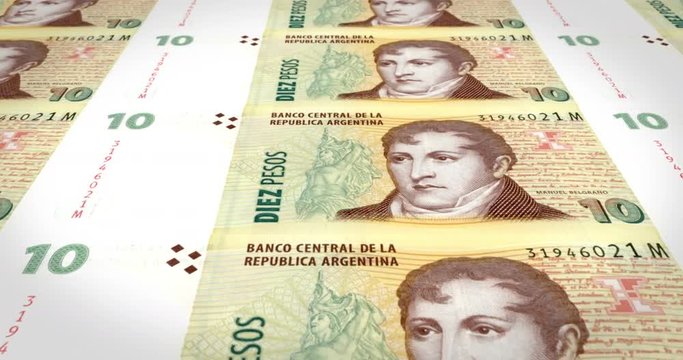 Banknotes of ten argentine pesos of Argentine Republic, cash money, loop