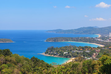 Fototapeta na wymiar Landscape of Karon and Kata Beaches with blue sky background at Phuket, Thailand.