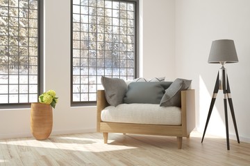 White room with armchair and winter landscape in window. Scandinavian interior design. 3D illustration