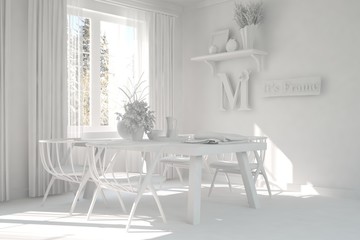 White dinner room with winter landscape in window. Scandinavian interior design. 3D illustration
