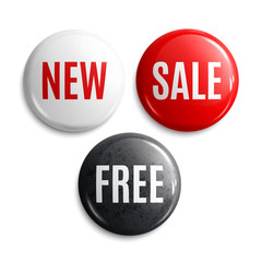 New, Free, Sale on glossy buttons or badges. Product promotions. Vector.