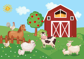 Obraz na płótnie Canvas Illustration with farm animals and birds