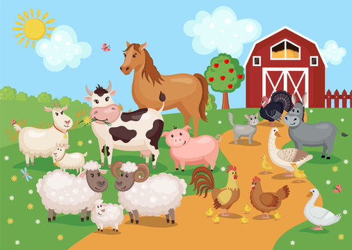Illustration with farm animals and birds