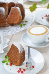 Schoko-Guglhupf mit  Zartbitterschokolade mit einer Tasse Cappuccino serviert - Freshly baked ring-shaped cake with chocolate, so called Gugelhupf in Austria and Germany, served with a cup of coffee