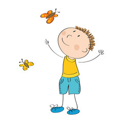 Happy boy catching butterflies - original hand drawn illustration