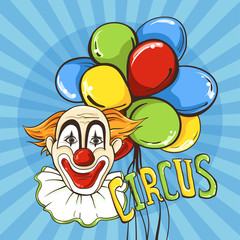 Blue poster with clown and balloons. Vector illustration