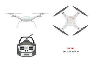 Grey drone on a white background. The control panel of quadrocopter . Front, top view