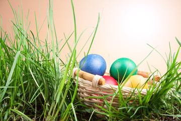 Colorful Easter eggs in a basket