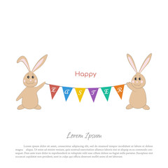 Easter bunnies with a garland of flags. Cute rabbits in cartoon style on a white background
