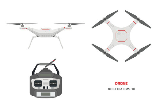 Grey Drone On A White Background. The Control Panel Of Quadrocopter . Front, Top View