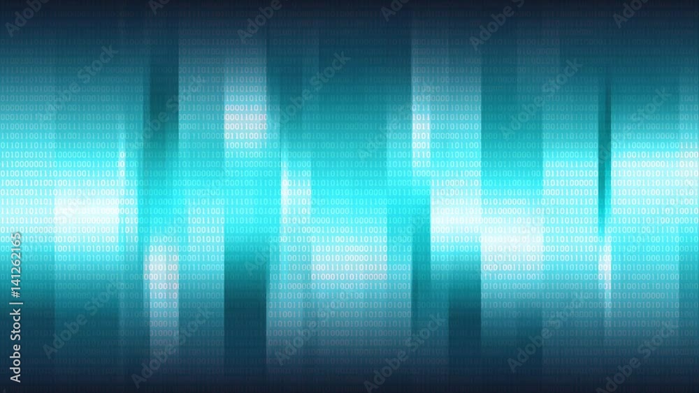 Poster blue abstract background with vertical shining stripes and digital binary array, seamless loop