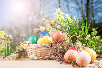 Colorful Easter eggs in a basket