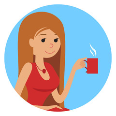 Woman with cup in her hand drinking hot coffee. Vector illustration icon