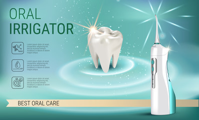 Electric Oral Irrigator ads. Vector 3d Illustration with Portable Water Pick Flosser.