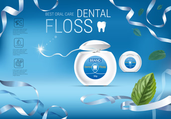 Dental floss ads. Vector 3d Illustration with tooth floss. - obrazy, fototapety, plakaty