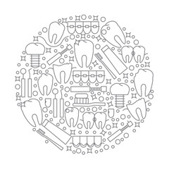 The modern round logo or emblem of the dental clinic. Icons of sickness and teeth treatment. Vector illustration.